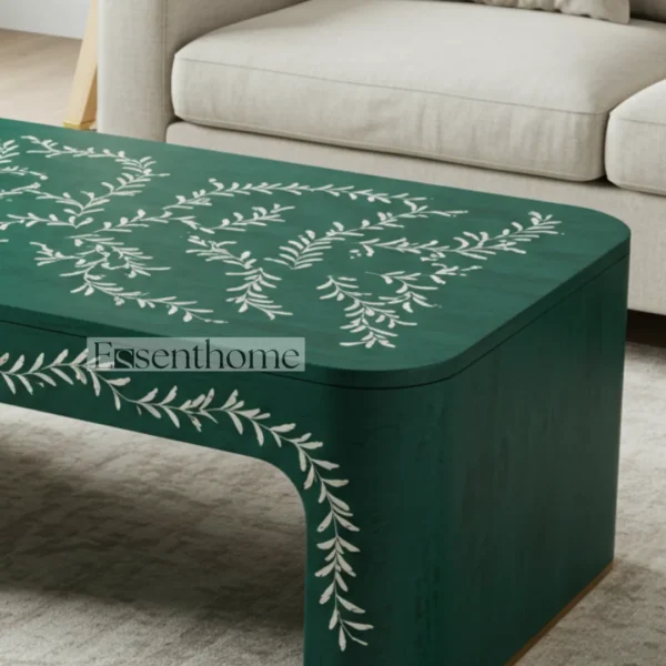 Green Bone Inlay Coffee Table with Brass Finish Base ? Round Handmade Accent Table for Living Room - Image 6