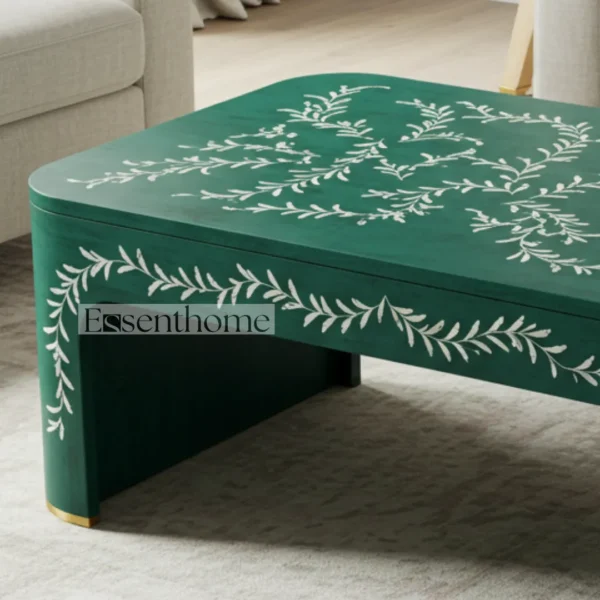 Green Bone Inlay Coffee Table with Brass Finish Base ? Round Handmade Accent Table for Living Room - Image 7