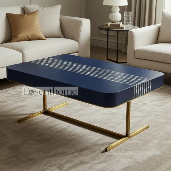 Blue Bone Inlay Square Coffee Table with Golden Brass Legs ? Handmade Modern Accent Table for Living Room - Image 5