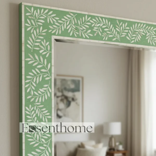 Handmade Bone Inlay Wall Mirror Floral Pattern Green ? Free Photo Frame - Image 3
