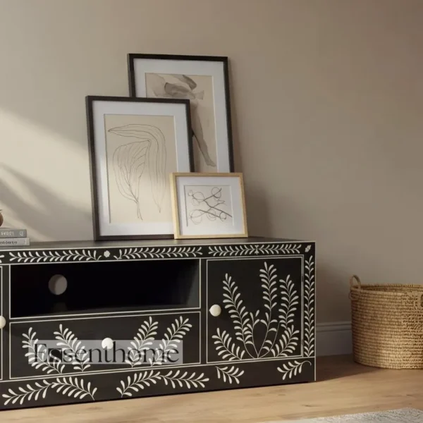 Essenthome Handcrafted Black & White Bone Inlay TV Console – Solid Wood Media Cabinet - Image 5