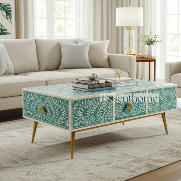Luxury Bone Inlay Coffee Table ? Teal Floral Leaf Pattern by Essenthome - Image 2