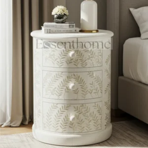 White Floral Mother of Pearl Round Nightstand – 3 Drawer Handmade Table