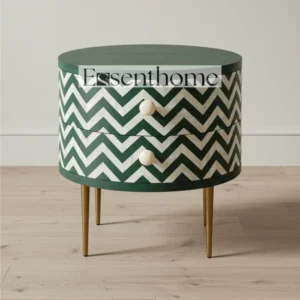 Essenthome Green Round Nightstand ? Handcrafted Chevron Pattern Bedside Table