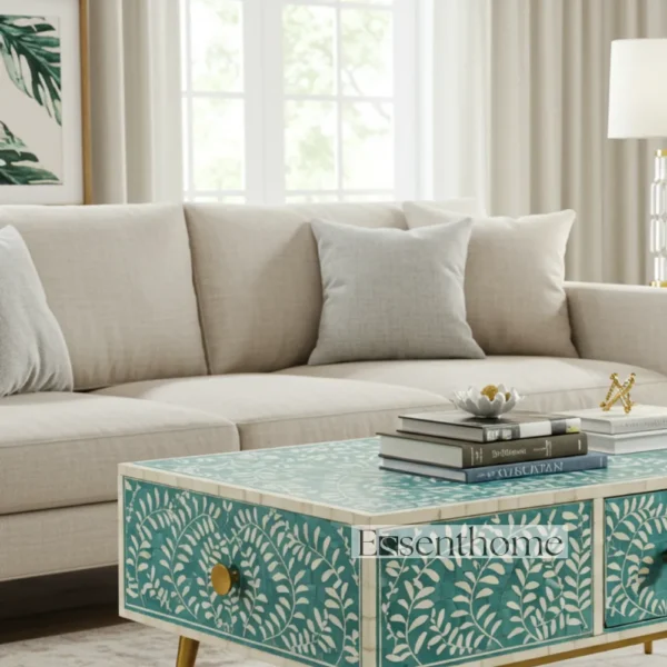 Luxury Bone Inlay Coffee Table ? Teal Floral Leaf Pattern by Essenthome - Image 3