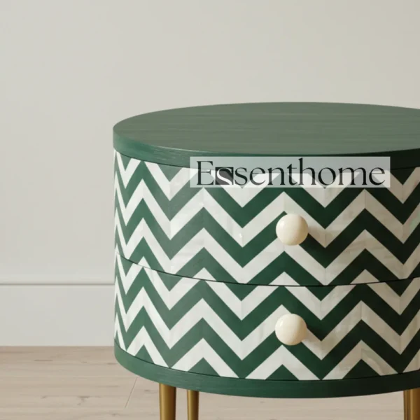 Essenthome Green Round Nightstand ? Handcrafted Chevron Pattern Bedside Table - Image 2