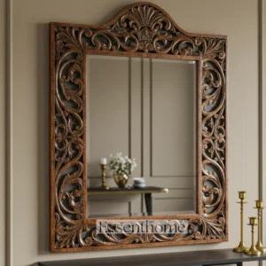 Handmade Wooden Wall Mirror – Ornate Rustic Brown Frame