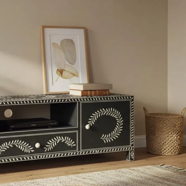 Essenthome Black & White Bone Inlay TV Stand – Handcrafted Solid Wood Media Cabinet - Image 2
