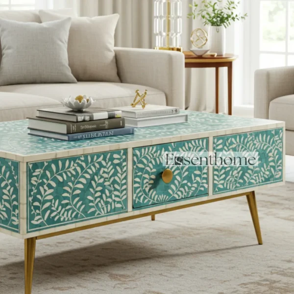 Luxury Bone Inlay Coffee Table ? Teal Floral Leaf Pattern by Essenthome - Image 4