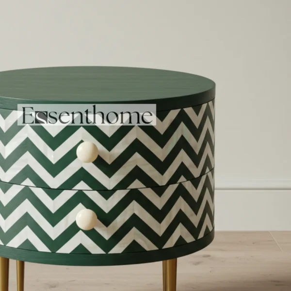 Essenthome Green Round Nightstand ? Handcrafted Chevron Pattern Bedside Table - Image 3