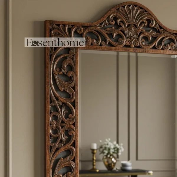 Handmade Wooden Wall Mirror – Ornate Rustic Brown Frame - Image 2