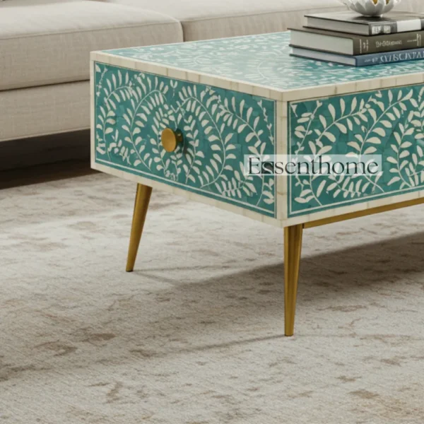 Luxury Bone Inlay Coffee Table ? Teal Floral Leaf Pattern by Essenthome - Image 5