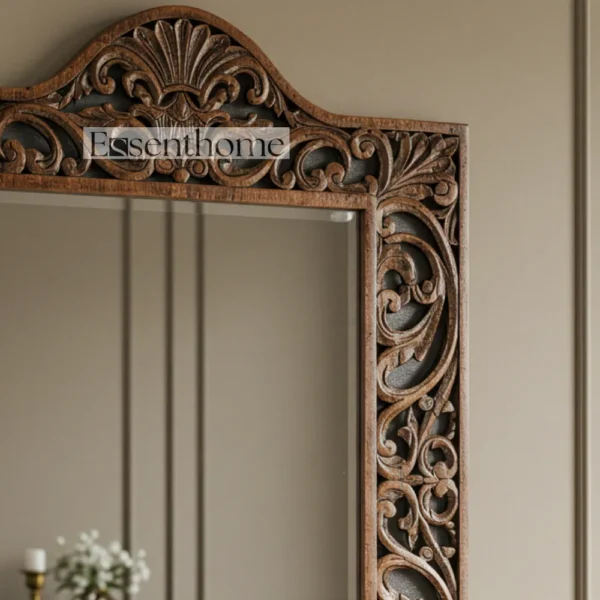 Handmade Wooden Wall Mirror – Ornate Rustic Brown Frame - Image 3
