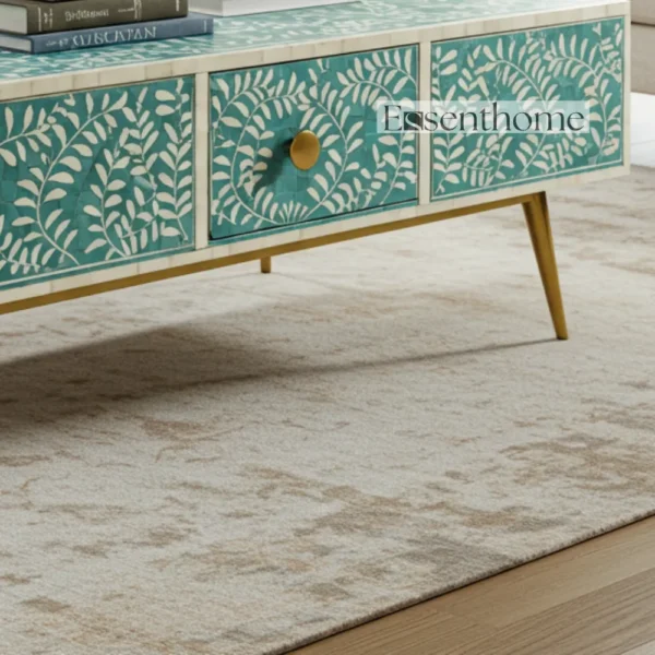 Luxury Bone Inlay Coffee Table ? Teal Floral Leaf Pattern by Essenthome - Image 6