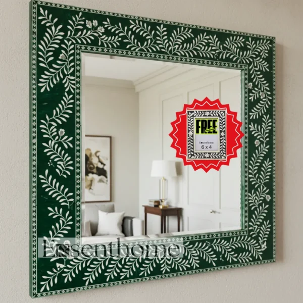 Handmade Bone Inlay Wall Mirror Floral Pattern Green ? Free Photo Frame
