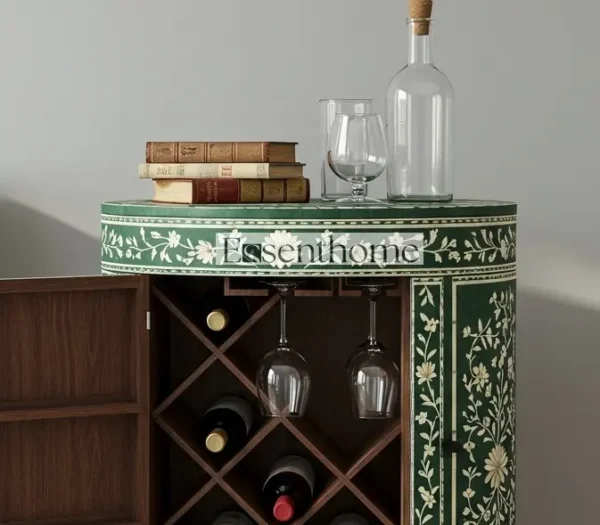 Bone inlay bar storage with glass rack  Green Floral