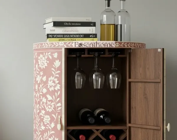 Pink Floral Bone Inlay Wine Cabinet –Handmade bone inlay wine storage