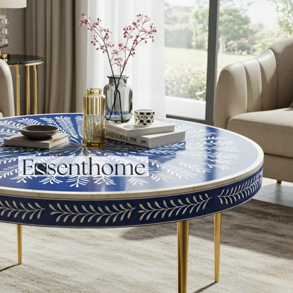 Essenthome Blue Bone Inlay Round Coffee Table ? Handmade Floral Accent Table - Image 4