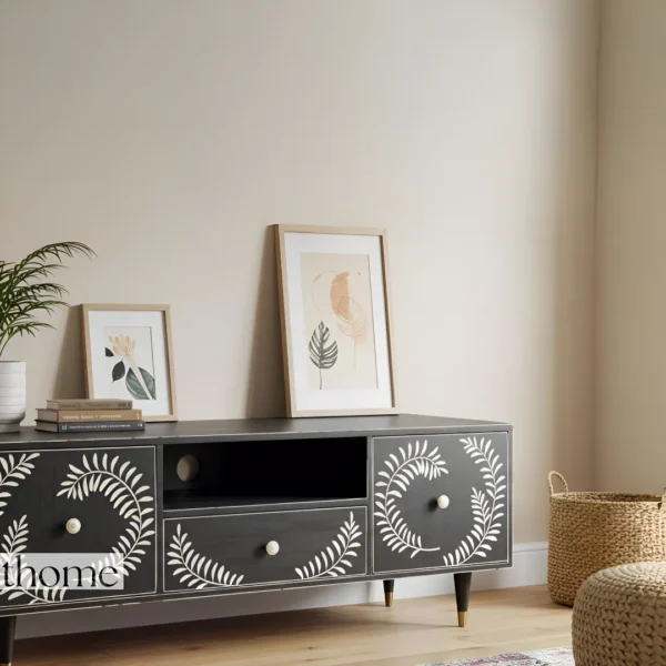 Essenthome Black Floral Inlay Wooden TV Unit ? Handcrafted Media Console with Storage - Image 4
