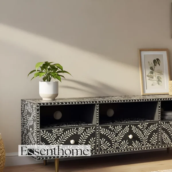 Essenthome Black Floral Inlay Wooden TV Unit ? Handcrafted Media Console with Storage - Image 2