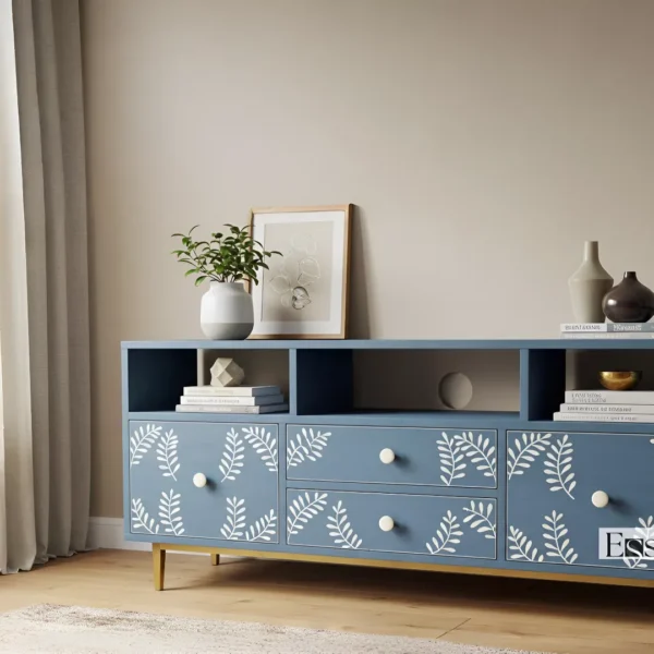 Essenthome Blue Floral Inlay Wooden TV Unit ? Handcrafted Media Console with Storage - Image 5