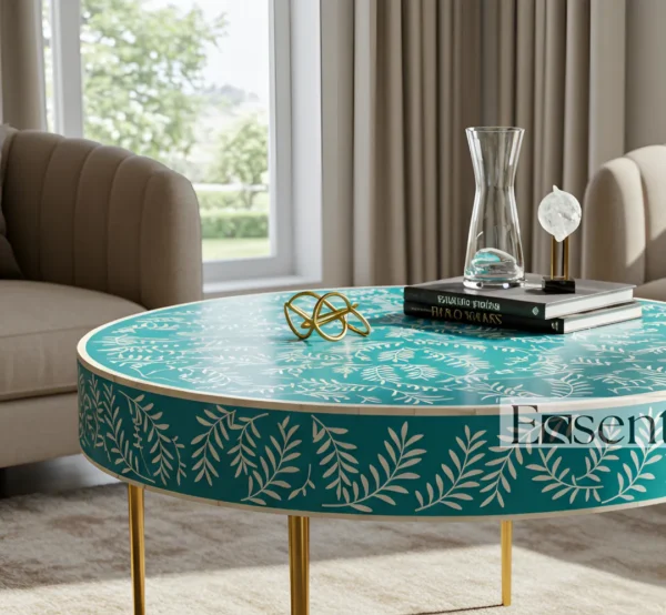 Essenthome Green Bone Inlay Round Coffee Table ? Handmade Floral Accent Table with Gold Metal Legs - Image 2