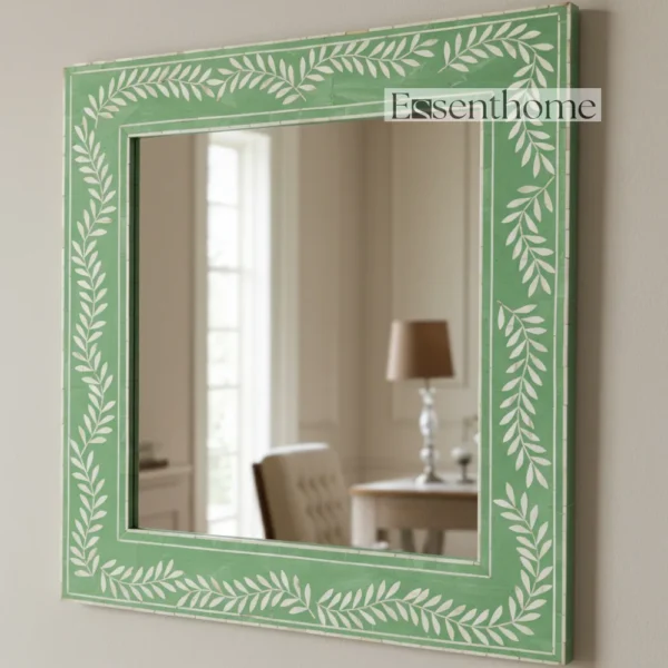 Handmade Bone Inlay Wall Mirror Floral Pattern Green ? Free Photo Frame - Image 2