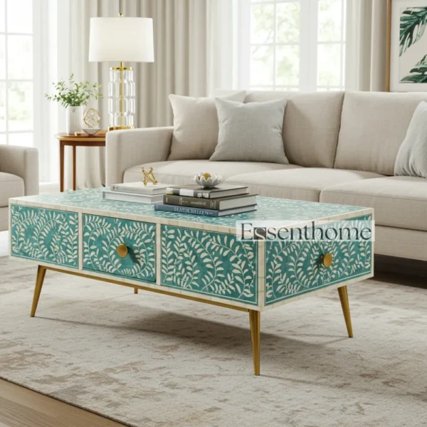 Essenthome Teal Bone Inlay Coffee Table with Storage & Brass Legs - Image 2