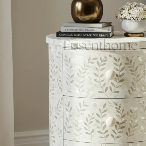 White Floral Mother of Pearl Round Nightstand – Handmade 3 Drawer Bedside Table - Image 2