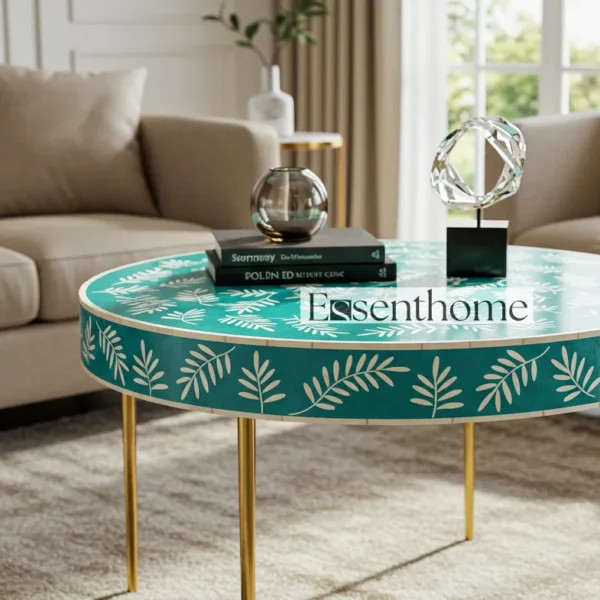 Essenthome Green Bone Inlay Round Coffee Table ? Handmade Floral Accent Table with Gold Metal Legs - Image 2