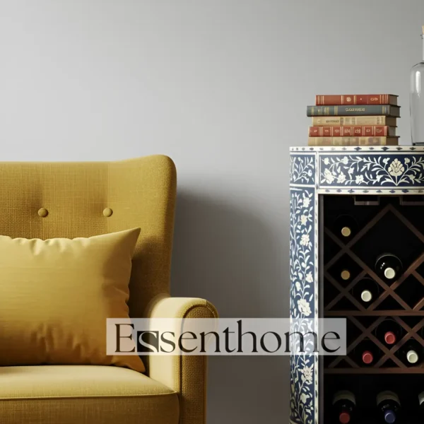 Essenthome Blue Floral Bone Inlay Wine Wooden End Table - Image 2