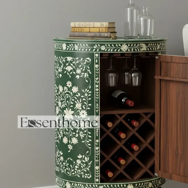 Essenthome Green floral bone inlay wine cabinet – Handcrafted Wooden End Table - Image 2