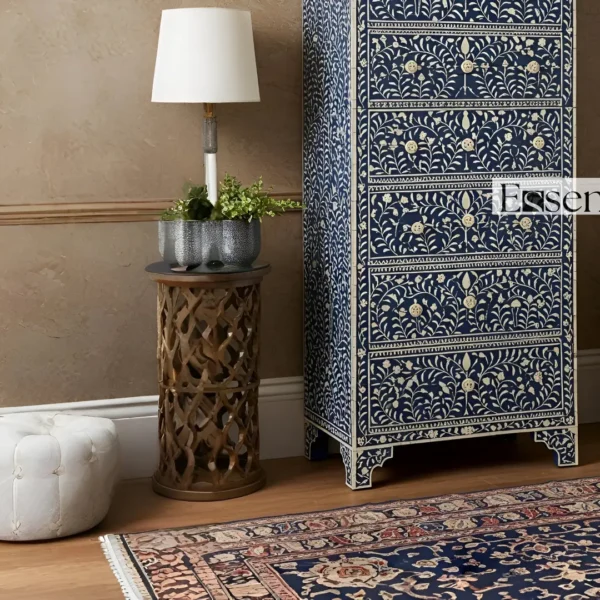 Handmade Navy blue Bone Inlay Tallboy Dresser ? 6 Drawer Floral Storage Cabinet - Image 2