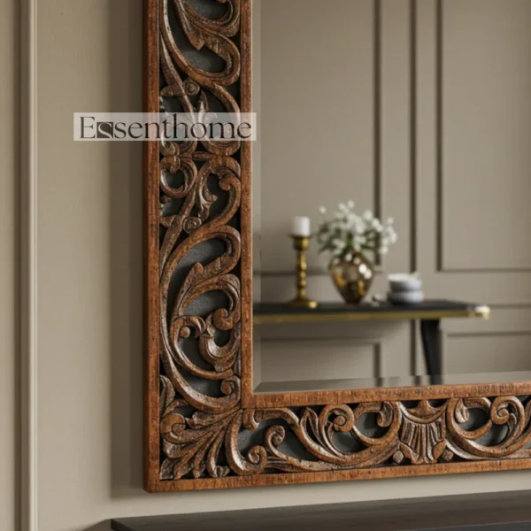 Handmade Wooden Wall Mirror – Ornate Rustic Brown Frame - Image 4