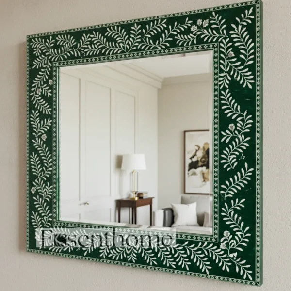 Handmade Bone Inlay Wall Mirror Floral Pattern Green ? Free Photo Frame - Image 2