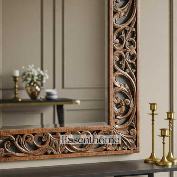 Handmade Wooden Wall Mirror – Ornate Rustic Brown Frame - Image 5