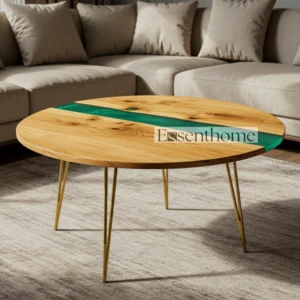Essenthome Round Wooden Coffee Table – Handmade Wood & Blue Resin Inlay