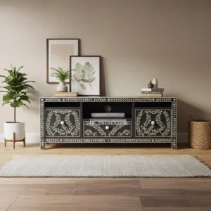 Essenthome Handcrafted Black & White Bone Inlay TV Cabinet ? Solid Wood Media Console for Rustic and Modern Living Rooms