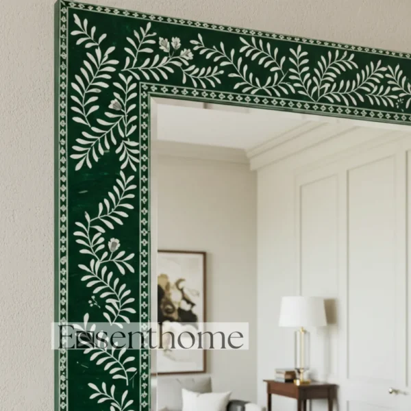 Handmade Bone Inlay Wall Mirror Floral Pattern Green ? Free Photo Frame - Image 3