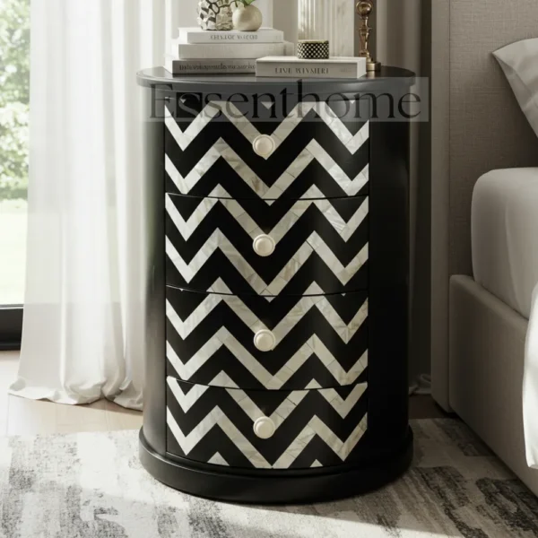 Black & White Chevron Round Nightstand – Handmade 4 Drawer Accent Table