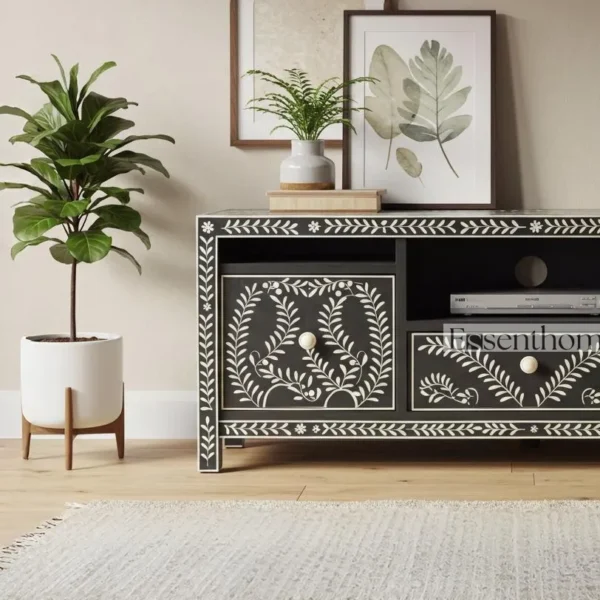 Essenthome Handcrafted Black & White Bone Inlay TV Cabinet – Solid Wood Media Console - Image 2