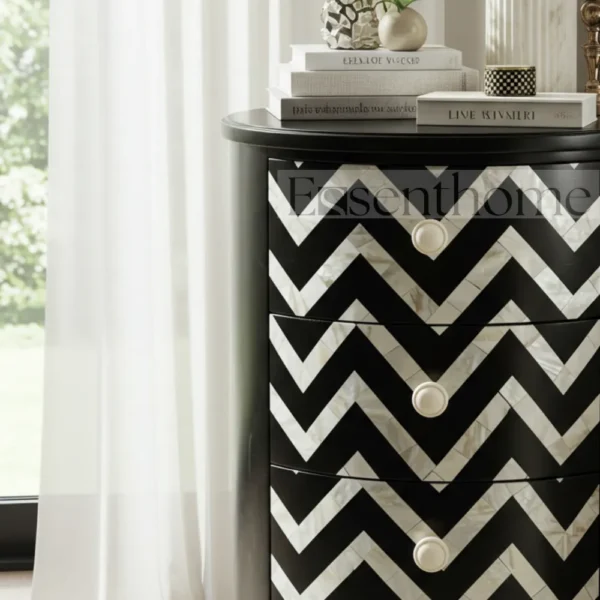 Black & White Chevron Round Nightstand – Handmade 4 Drawer Accent Table - Image 2