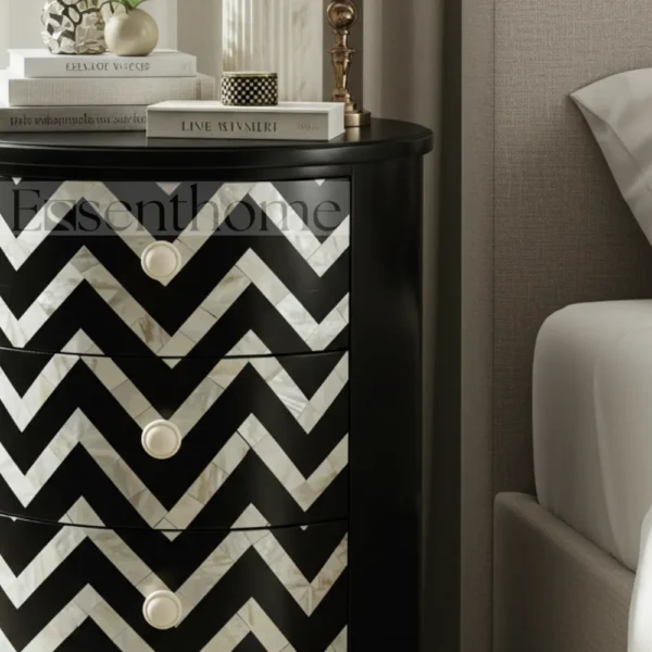 Black & White Chevron Round Nightstand – Handmade 4 Drawer Accent Table - Image 3