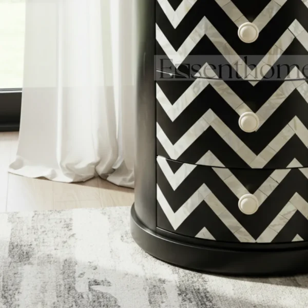 Black & White Chevron Round Nightstand – Handmade 4 Drawer Accent Table - Image 4