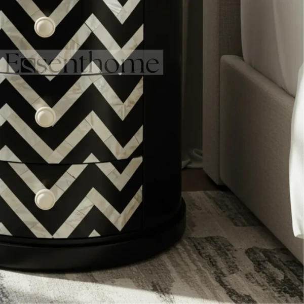 Black & White Chevron Round Nightstand – Handmade 4 Drawer Accent Table - Image 5