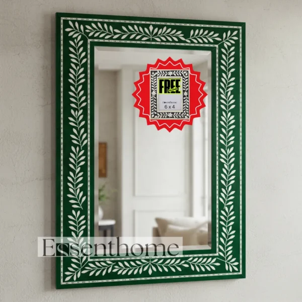 Handmade Bone Inlay Wall Mirror Floral Pattern Green ? Free Photo Frame