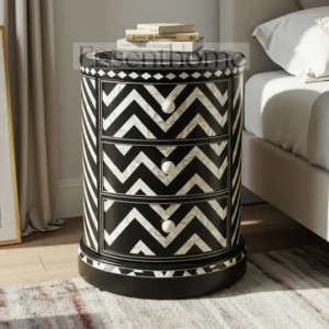 Black & White Chevron Round Nightstand – Handmade 3 Drawer Table