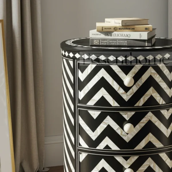 Black & White Chevron Round Nightstand – Handmade 3 Drawer Table - Image 2