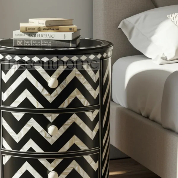 Black & White Chevron Round Nightstand – Handmade 3 Drawer Table - Image 3