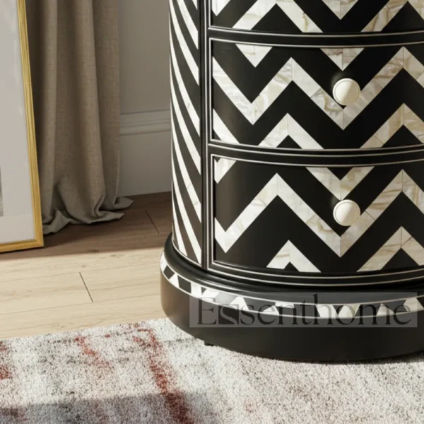 Black & White Chevron Round Nightstand – Handmade 3 Drawer Table - Image 4
